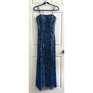 CACHE Vintage Y2K Blue Sequin Mesh Strapless Maxi Long Gown Dress